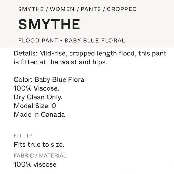 Sz 00- Smythe Mid-Rise Cropped Length Baby Blue Floral Flood Trouser Pants - Picture 2 of 15